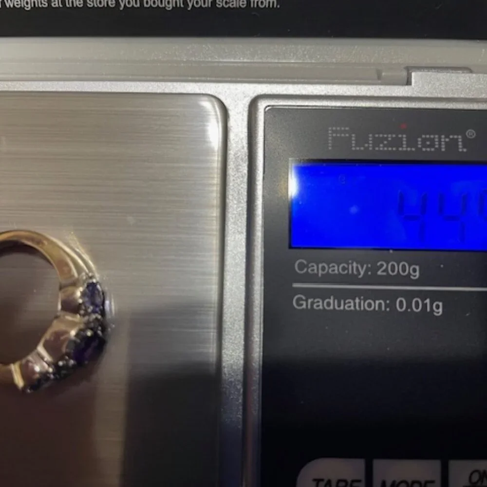 Amethyst, tanzanite, diamond and 14K gold cocktail ring.